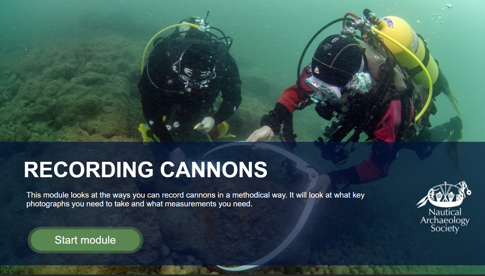 Two divers measuring a canon underwater